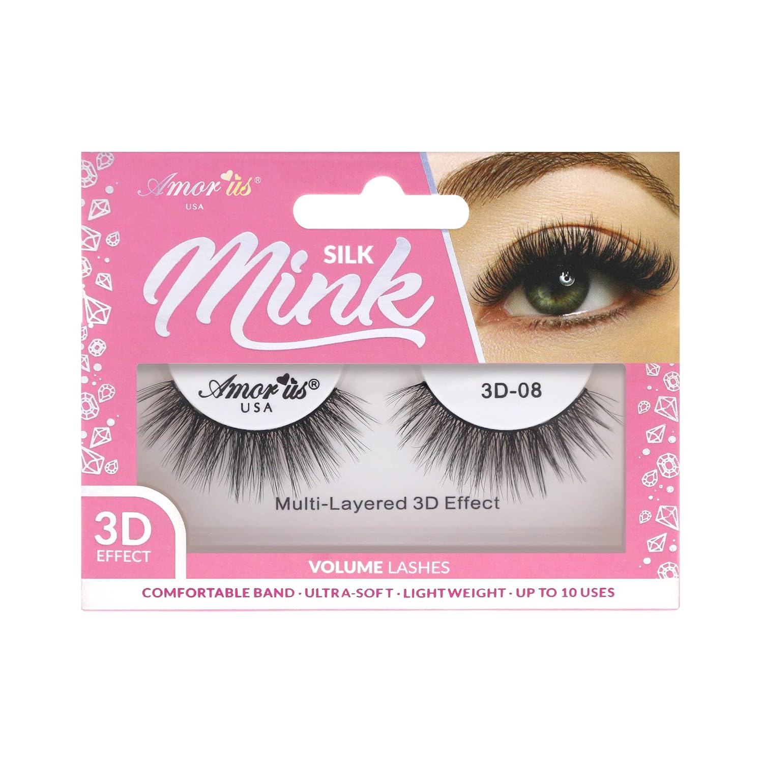 Amorus 3D Silk Mink Eyelash #8 (12 Pairs Multipack) Multi-layered 3D effect, Lightweight, Ultra-soft, Tapered-end