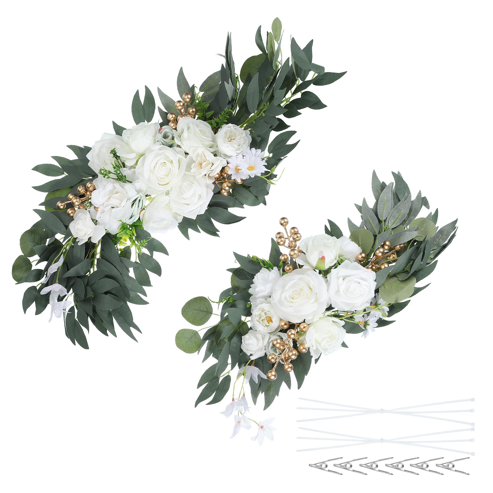 PATIKIL Arco de Bodas Flores, 2Pcs Flores Artificiales de Seda Falsa Guirnalda de Flores con Hojas Y Banda de Clip para Decoración de Recepción de Ceremonia de Cartel, Blanco