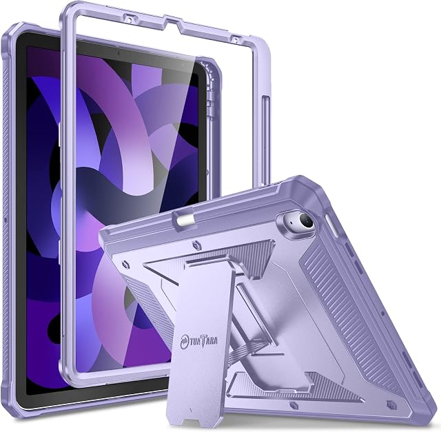 FINTIE Case Compatible with iPad Air 5th Generation (2022) / iPad Air 4th Generation (2020) 10.9 Inch, Tuatara Rugged Heavy Duty Kickstand Protective Cover with Screen Protector, Lilac Purple