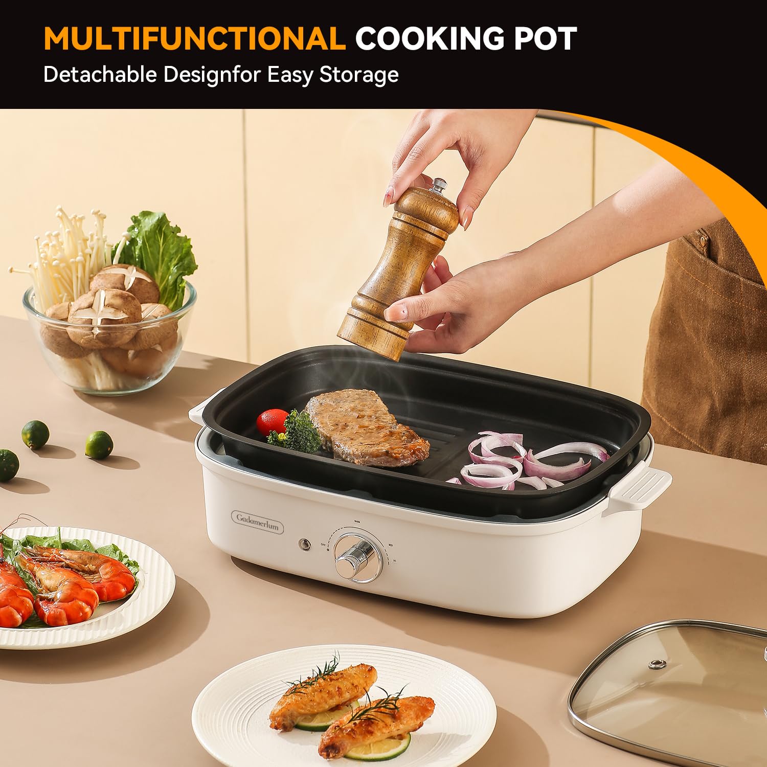 1200w HotPot Versátil Hornear Sin Humo Control de Temperatura Única Parrilla de Olla Caliente con Revestimiento Antiadherente para Barbacoas, Filetes y Shabu (1) 3
