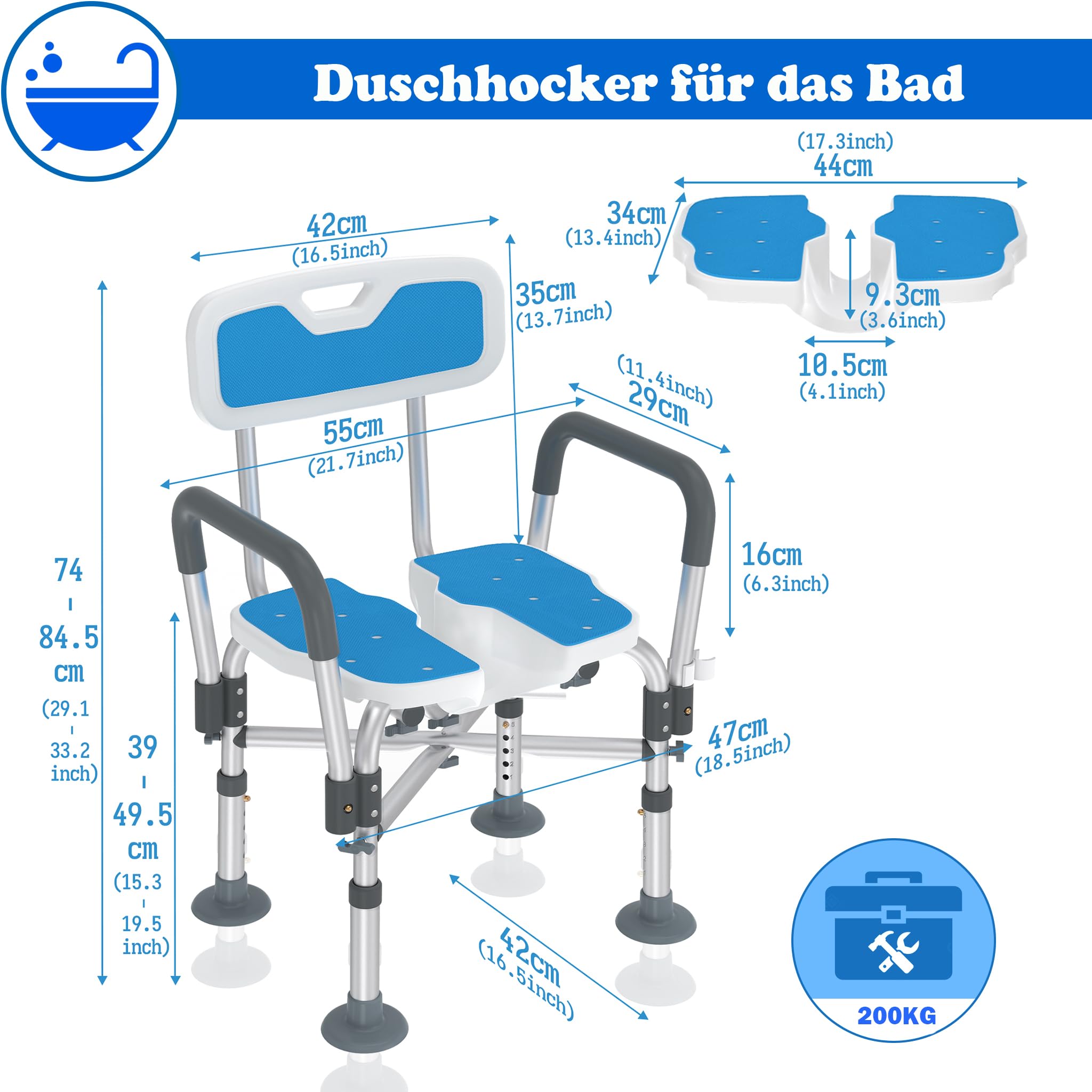 SUBTLETY Rillendesign Duschstuhl Aluminium Duschhocker mit Armlehnen, Rückenlehne & Rutschfestes Kissen, 74-84,5cm Höhenverstellbar Badhocker mit Anti-Rutsch-Füße bis 200KG für Senioren