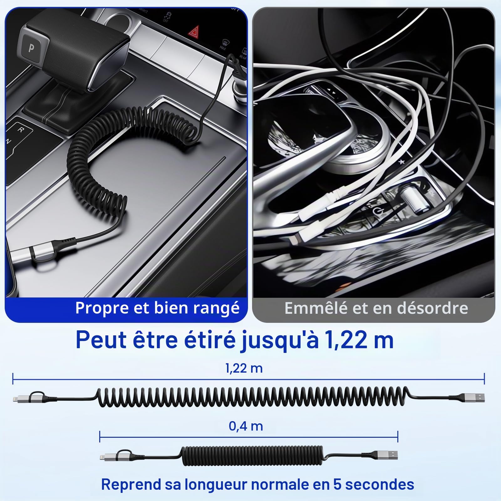 2 en 1 Cable Spirale Voiture pour Apple CarPlay et Android Auto [MFi & 3A Charge Rapide], Câble Multi USB avec Lightning USB C Câble pour iPhone 16/15/14/13/12/11/Galaxy/Huawei/Google Pixel