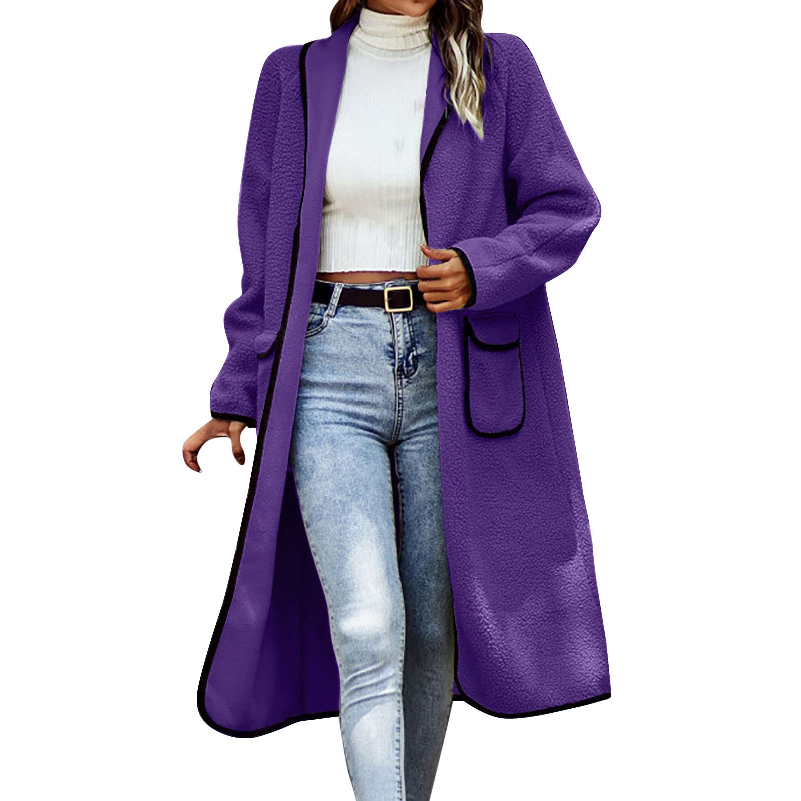 Generisch Chaqueta de punto para mujer Color de contraste Cárdigan Cierre sin botones Abrigo de felpa con bolsillos Cárdigan casual de moda