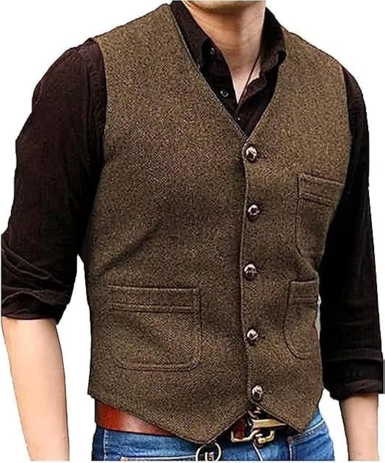 DREFEEL Mens Vintage Tweed Suit Vest V Neck Casual Wool Waistcoat for Wedding Groomsmen Men's Formal Vest