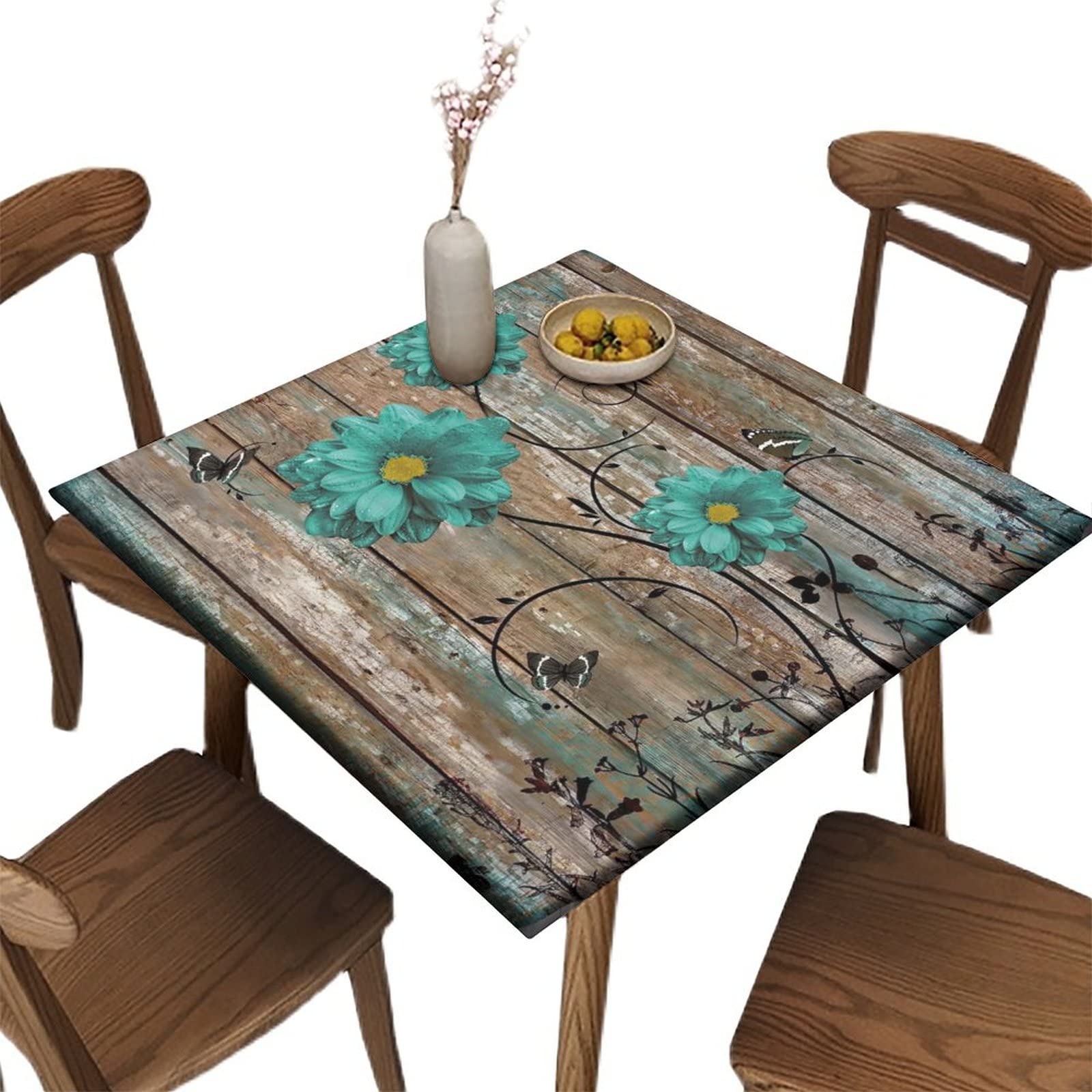 Square Fitted Tablecloth with Elastic, Waterproof Farmhouse Rustic Tablecloths for Outdoor Camping Picnic, Daisy Print Fabric Wipeable Table Cloths Fits Tables up to 36