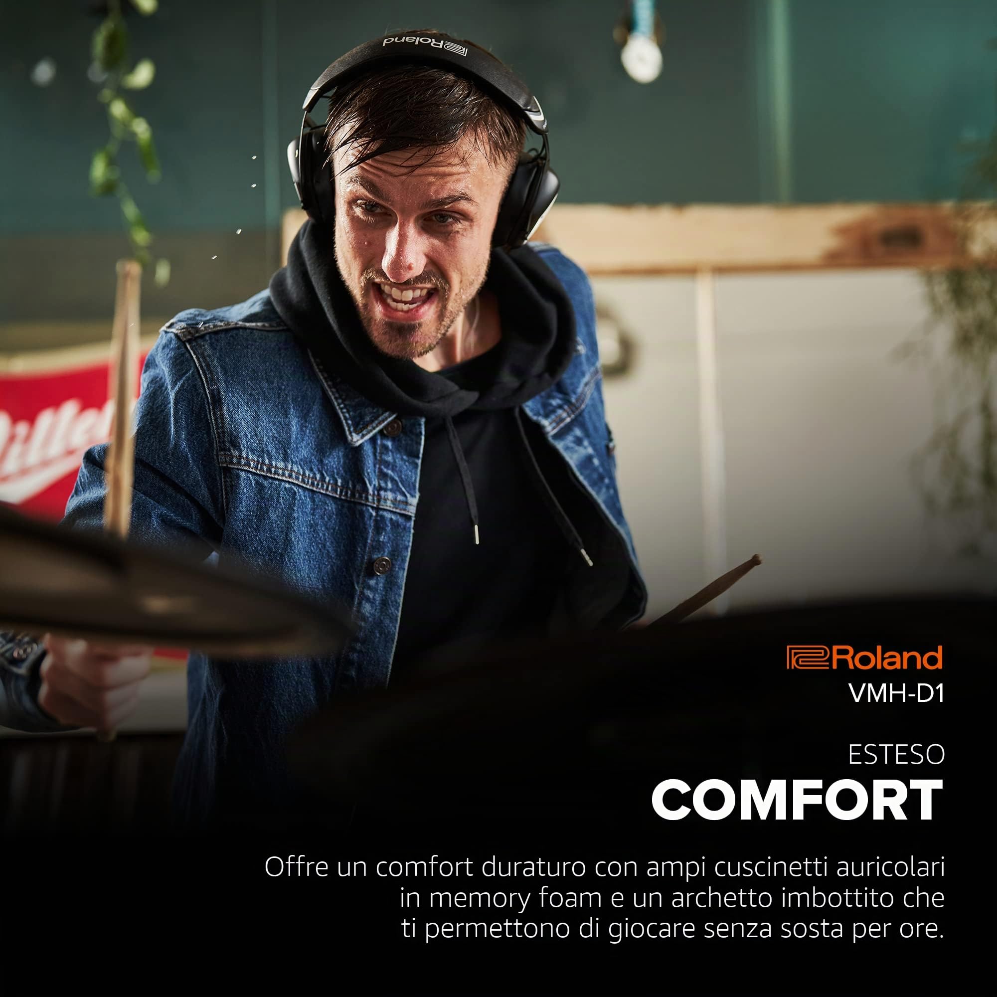 Roland VMH-D1 Cuffie per V-Drums | Progettate da Roland & V-Moda per le V-Drums & Tutte le Batterie Elettroniche | Suono Immersivo | Massimo Comfort | Cavo Lungo Per Suonare Senza Intoppi