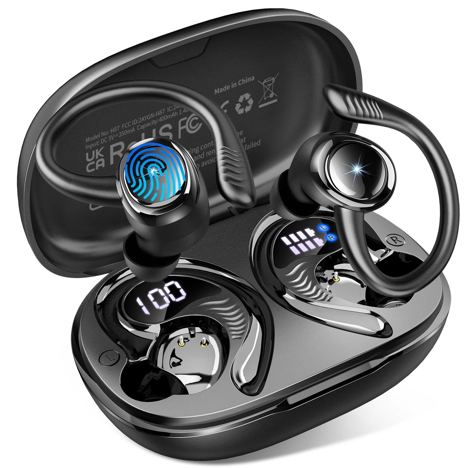 Bluetooth 5.4 Kopfhörer Sport, 2026 Neu 6D Stereo In Ear Kopfhörer Kabellos Bluetooth mit 4 ENC Mic/50H Noise Cancelling Ear buds, Over-Ear Sportkopfhörer mit Ohrhaken, IP7 Wasserdicht Ohrhörer