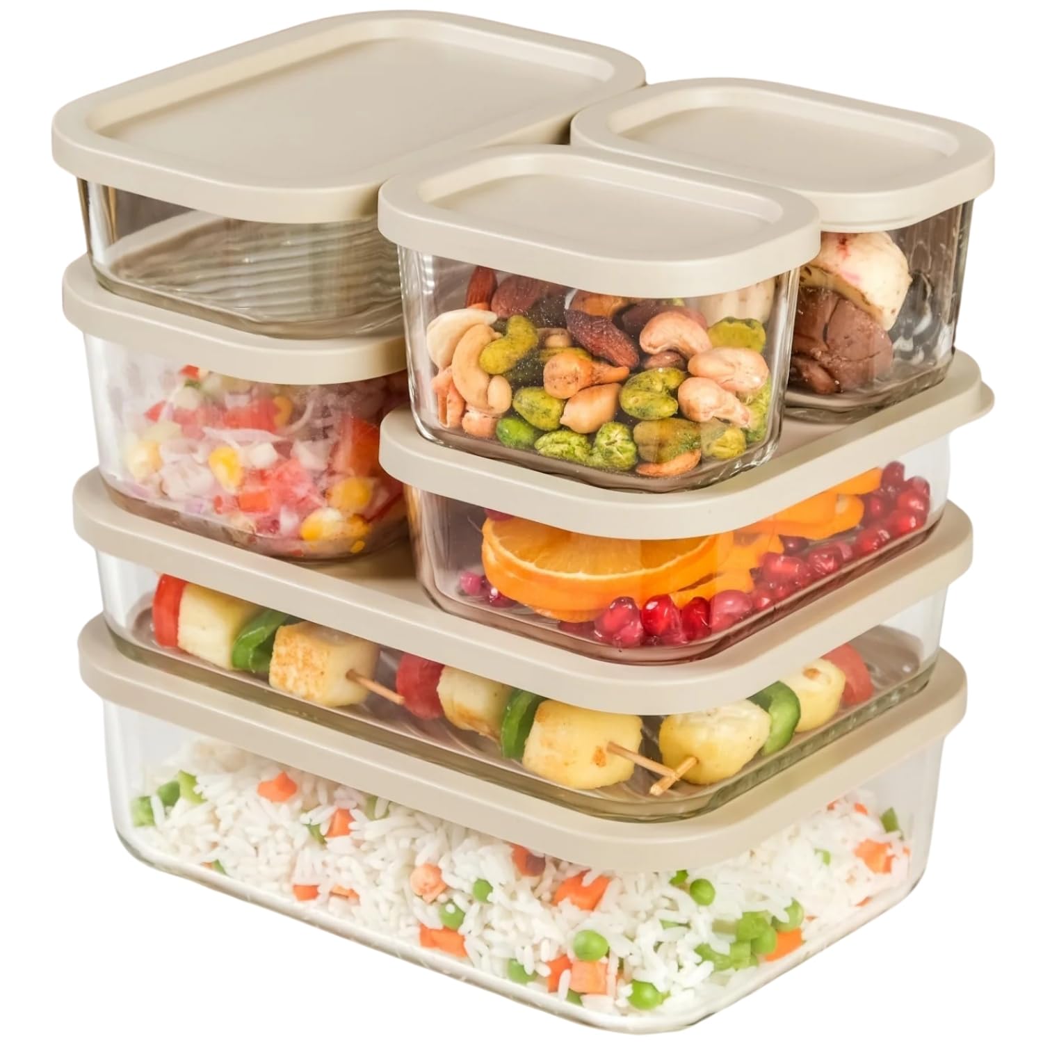 Nestasia Groovo Glass Fridge Storage Box Set of 7 (S-310ml x 2, M-520ml x 2, L-750ml, XL-1200ml, XXL-1700ml) Transparent Stackable Glass Container with Lid, Microwave & Dishwasher Safe (Beige)