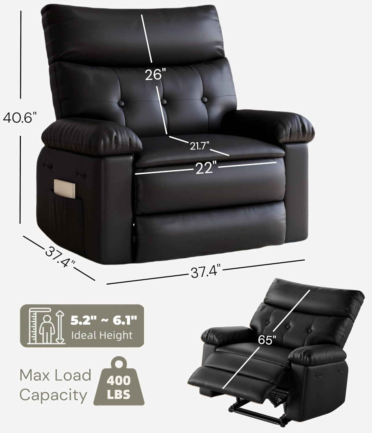 Garvee Oversized Recliner Chair - PU Leather Manual Recliner for Adults, Comfy Reclining Chair with Overstuffed Arms and Back, Side Pocket, Single Sofa for Living Room, Bedroom