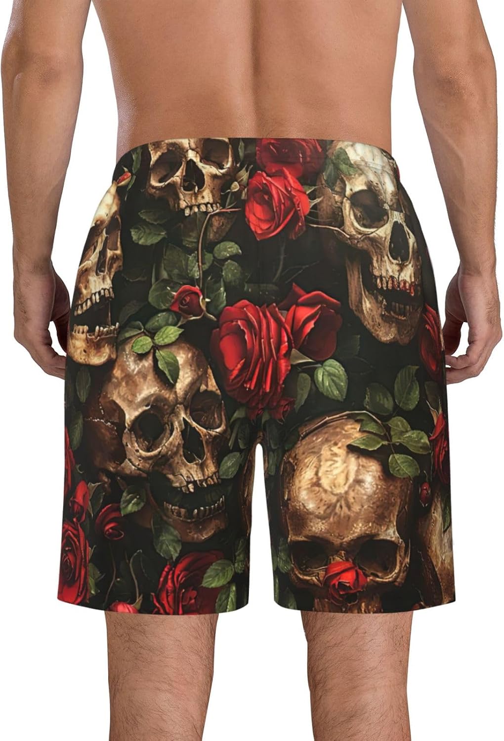 Skull and Red Rose Print Men's Quick-Drying Shorts Casual Beach Pants Stretch Waist Shorts and Pockets