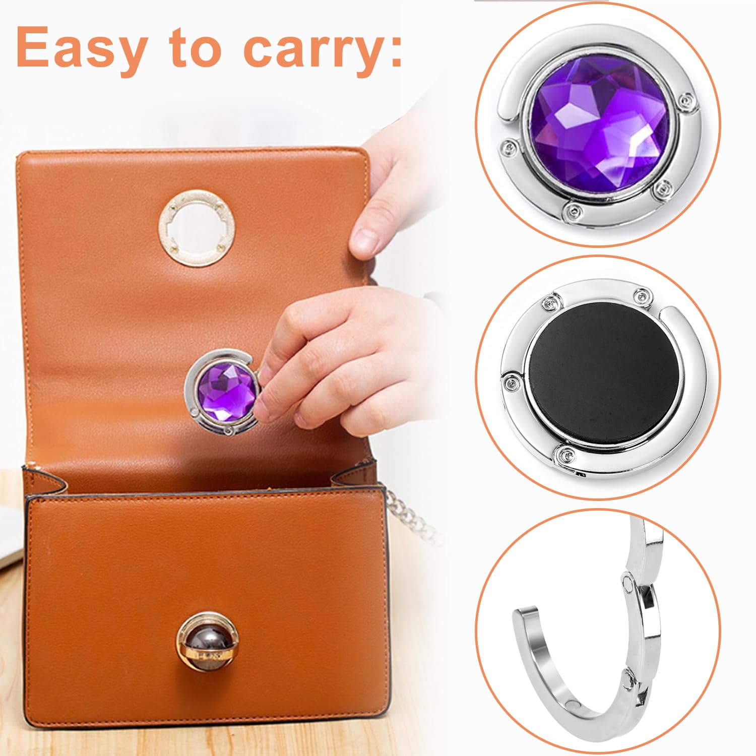 4 Stück Handtaschenhalter, Tasche Aufhänger, Zusammenklappbar Tisch Haken, Faltbare Antirutsch Halterung Handtaschenhalter Mobiler für Restaurants, Cafés, Büro (Durchmesser Scheibe 3,4 cm), B