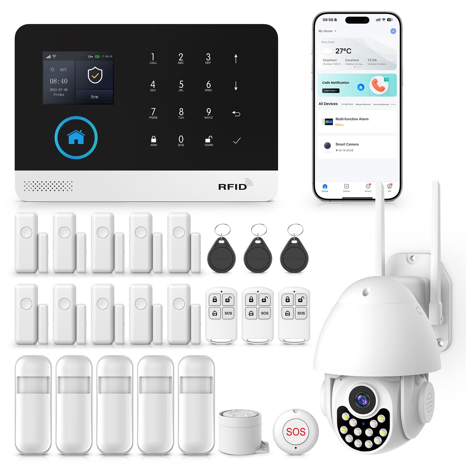 4G/WLAN Alarmanlage Haus mit Außenkamera, Sicherheitssystem für Haus mit Sirene, PIR-Bewegungsmeldern, Fenster-/Türsensor, Fernbedienungen, Kompatibel mit Google Assistant (25 Stück)