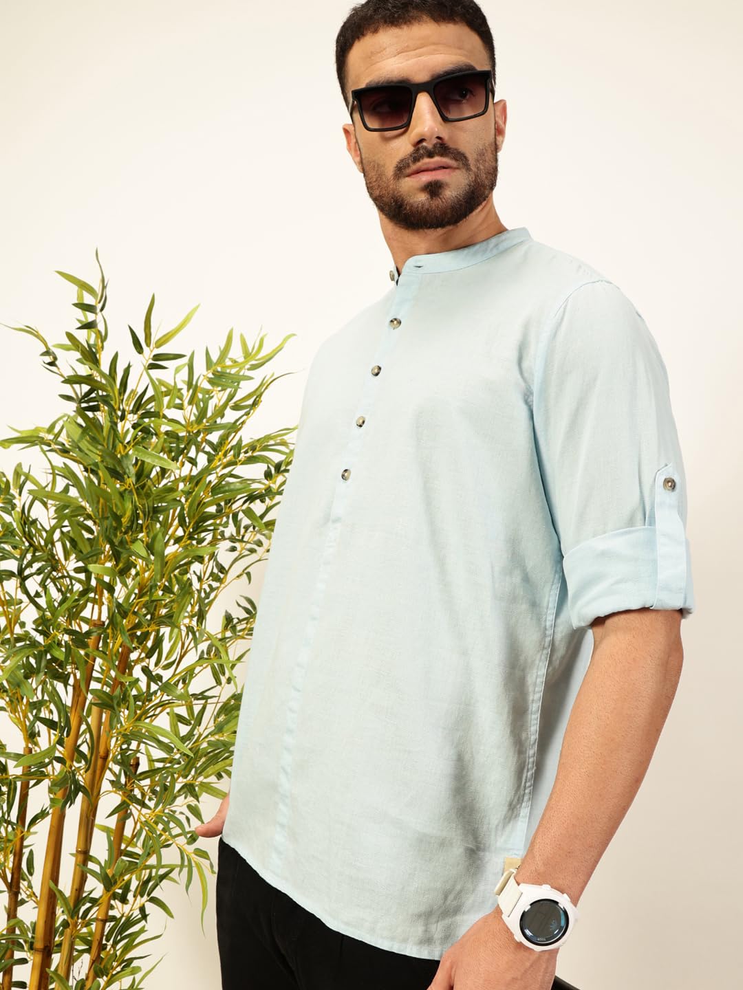 Thomas Scott Mens Linen Solid Kurta Shirt (Ts1529_Lightblue_L)