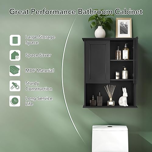 Miniatura 3 de OONNEE Armario de pared para baño, gabinete de madera negro montado en la pared, armario de baño con 2 puertas y estante ajustable, bisagra suave