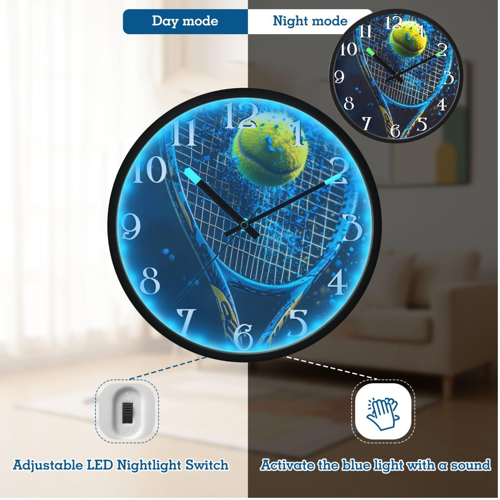 Mnsruu Reloj de pared luminoso con fondo negro, pelota de tenis, reloj de dormitorio, funciona con pilas, reloj silencioso que brilla en la oscuridad, para sala de estar, cocina, 30,5 cm