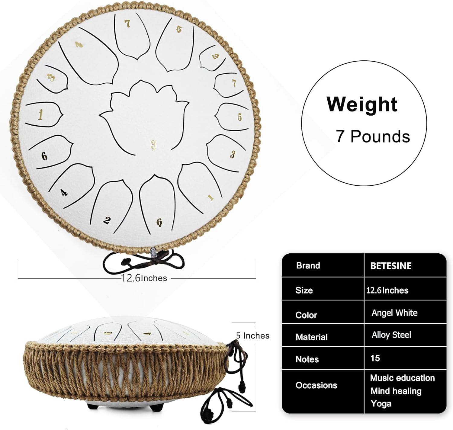 BETESINE 13-Inch 15-Note Steel Tongue Drum in C Major, Beginner-Friendly Meditation Drum with Mallets, Music Book, Finger Picks, Carry Bag & Note Stickers, Angel White