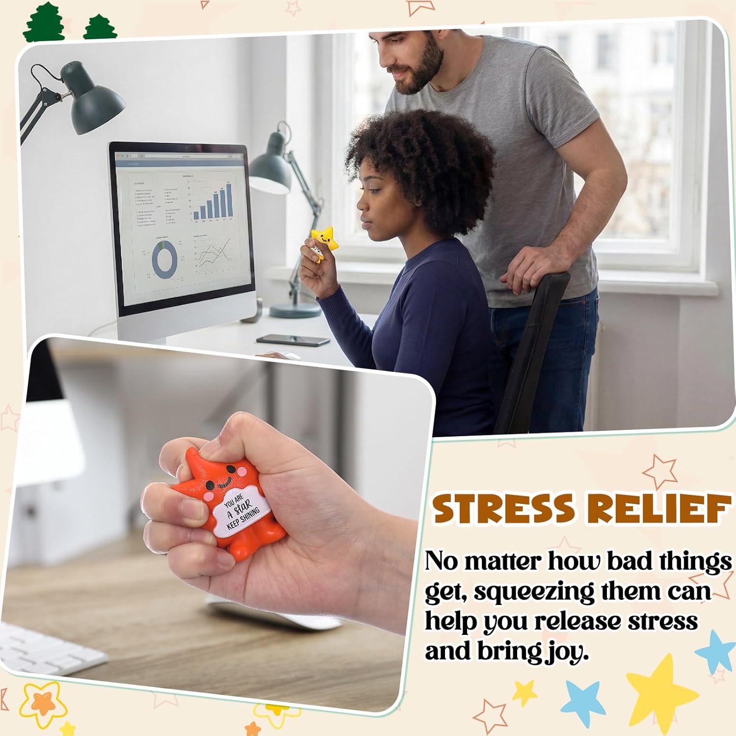 24 Pack Star Stress Balls for Coworkers Adults – Mini Foam Squeeze Fidget Toys for Anxiety & Stress Relief, Cute Motivational Animal Desk Gifts, Office Bulk Party Favors