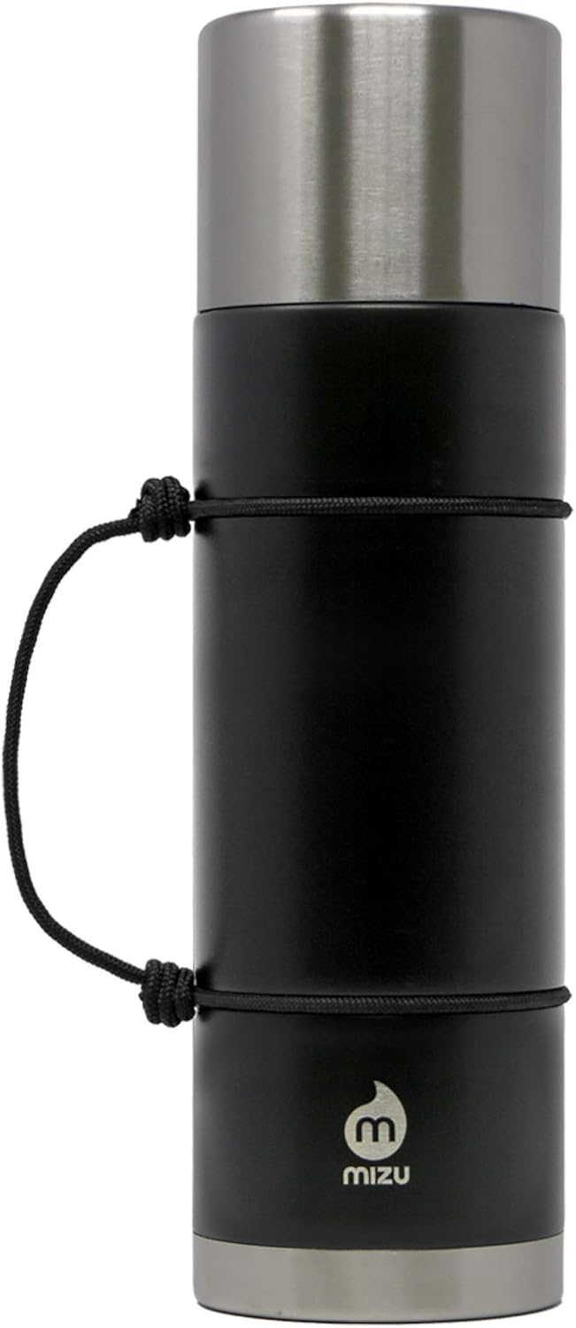Mizu D7 22 oz. Vacuum Insulated Stainless Steel Bottle Thermos | Narrow Mouth with Leak Proof Cap + Cup Lid, Black