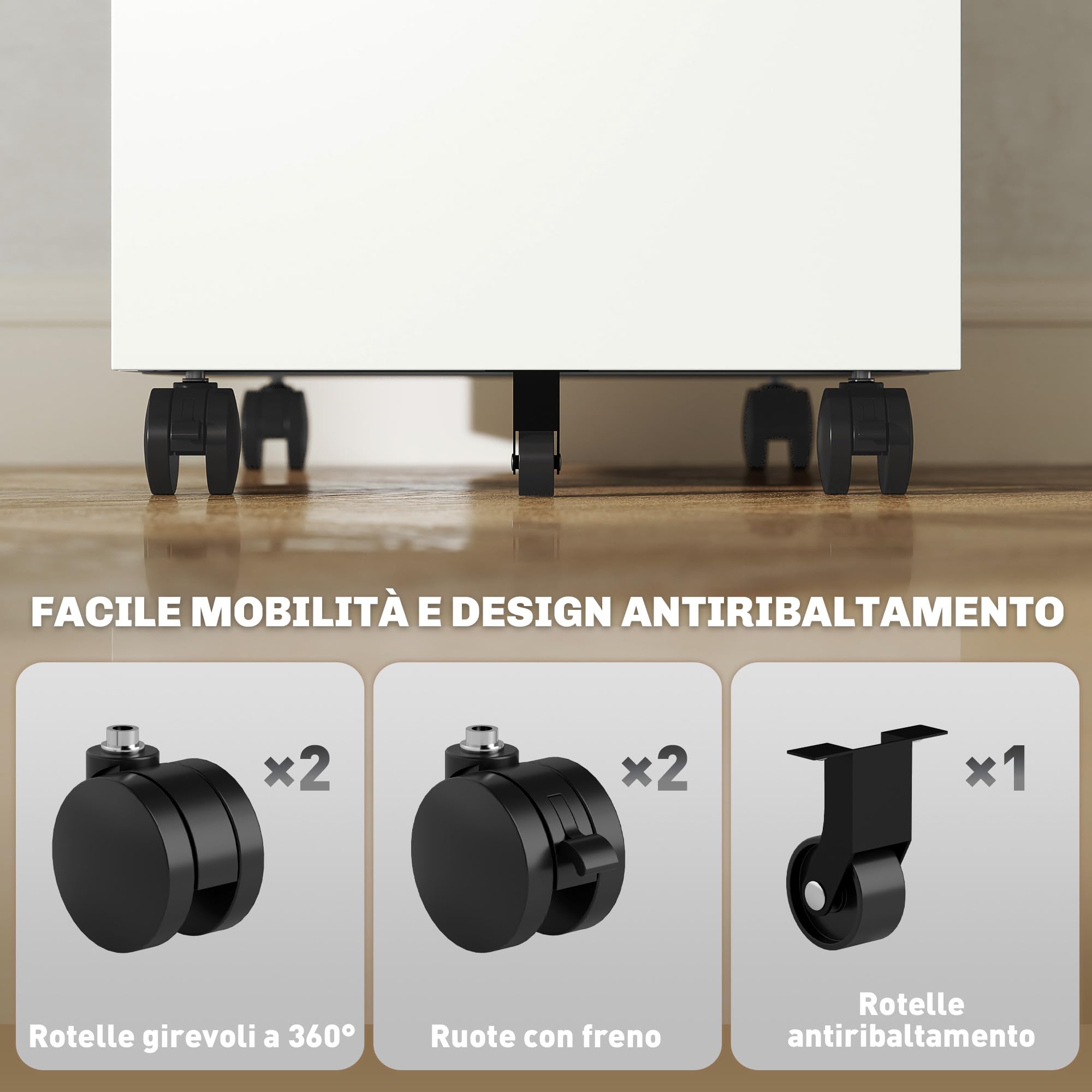 Vinsetto Cassettiera da Ufficio 5 Ruote 3 Cassetti con Serratura Bianco | Schedario Portadocumenti, Chiavi, Mobiletto Archivio per Documenti, Cartelle Sospese Formato A4 Lettera, Acciaio