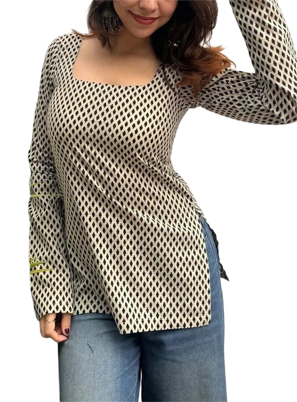 felisia Women's Full Sleeves Rayon Printed Square Neck Short Kurti, Bell Sleeves, Short Kurti for Women, Stylish Ethnic Top, Daily Casual Western & Office wear-picture-36