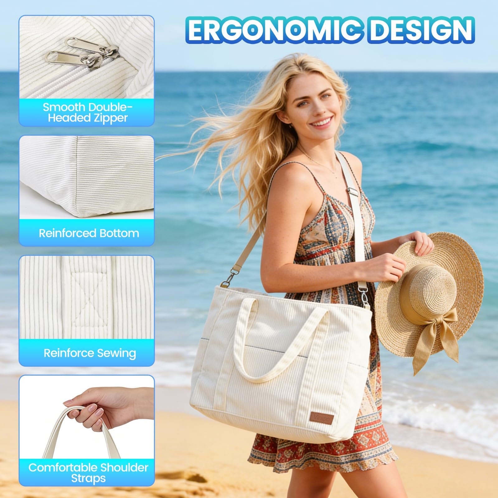 Sac de Plage XXL Famille, Imperméable avec Fermeture Éclair, Sac Multifonction Pliable Multi-Poches pour Été, Piscine et Voyage