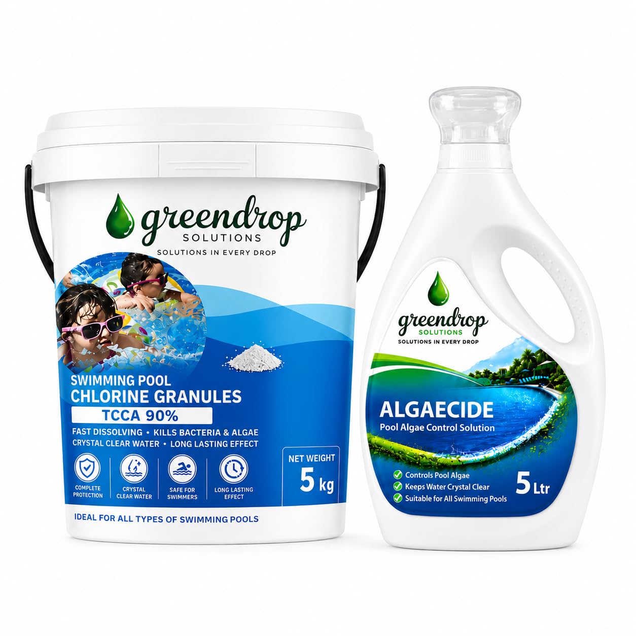 TCCA 90% Chlorine Granules 5Kg + Pool Algaecide 5L Combo Pack | Swimming Pool Water Treatment Kit | Fast Dissolving | Kills Bacteria, Controls Algae & Keeps Water Crystal Clear-image-24