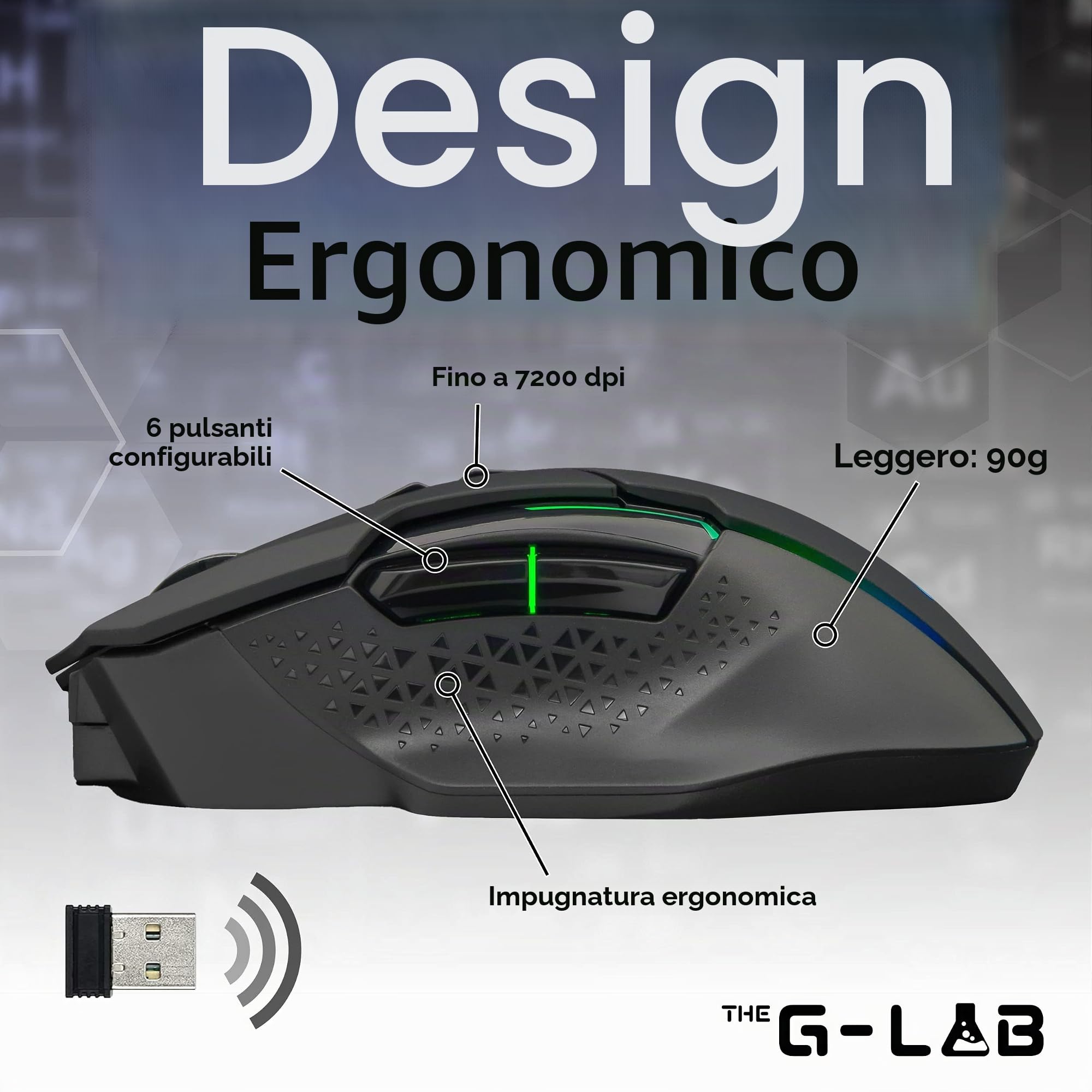 THE G-LAB Kult Caesium Mouse Gamer Wireless Ricaricabile - Mouse Gaming Wireless ad alte prestazioni 7200dpi, LED RGB, 6 Pulsanti, Mouse Gaming Ergonomico, Compatibile con Pc Ps4 Ps5 Xbox One