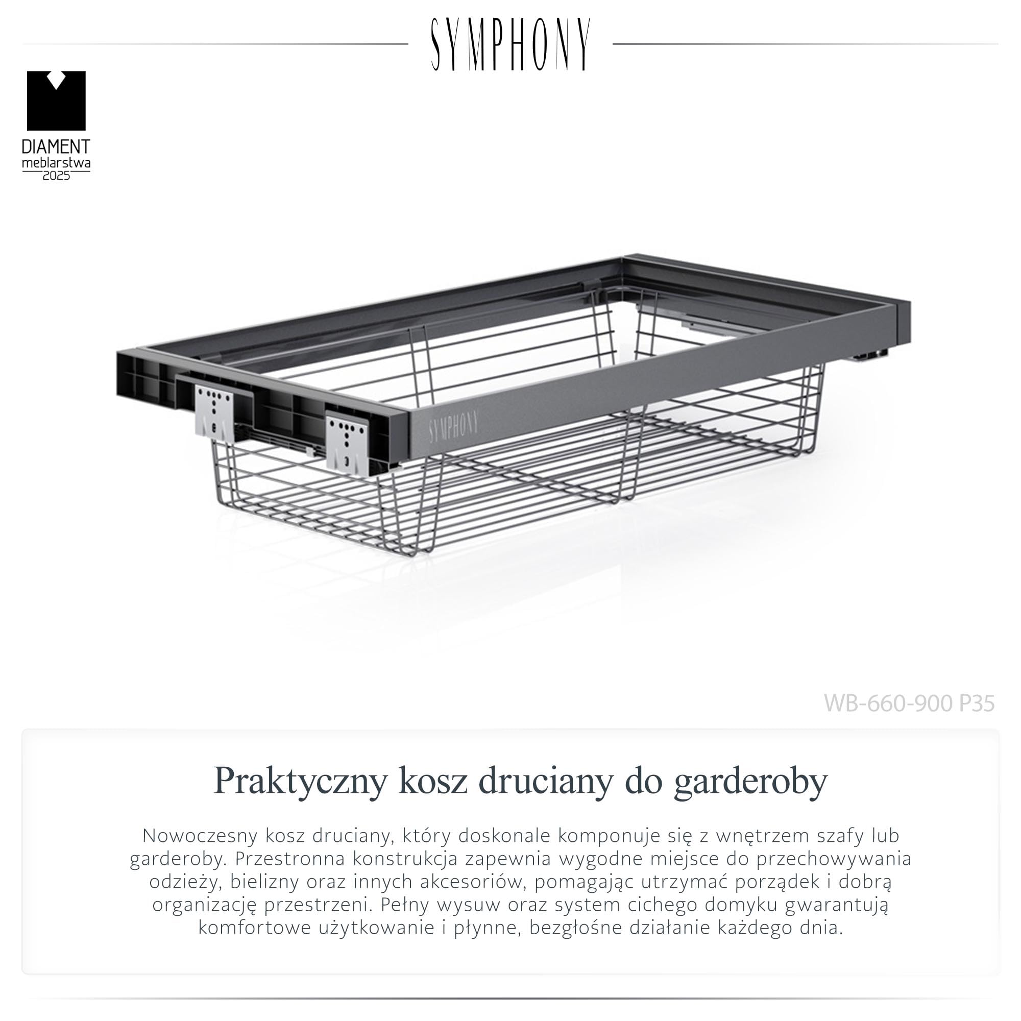 ATM Kosz Druciany Wysuwany do Szafy i Garderoby - Pełny Wysuw z Cichym Domykiem - Udźwig 35 kg - Regulacja Szerokości 864–914 mm - Aluminium + Stal - Antracyt