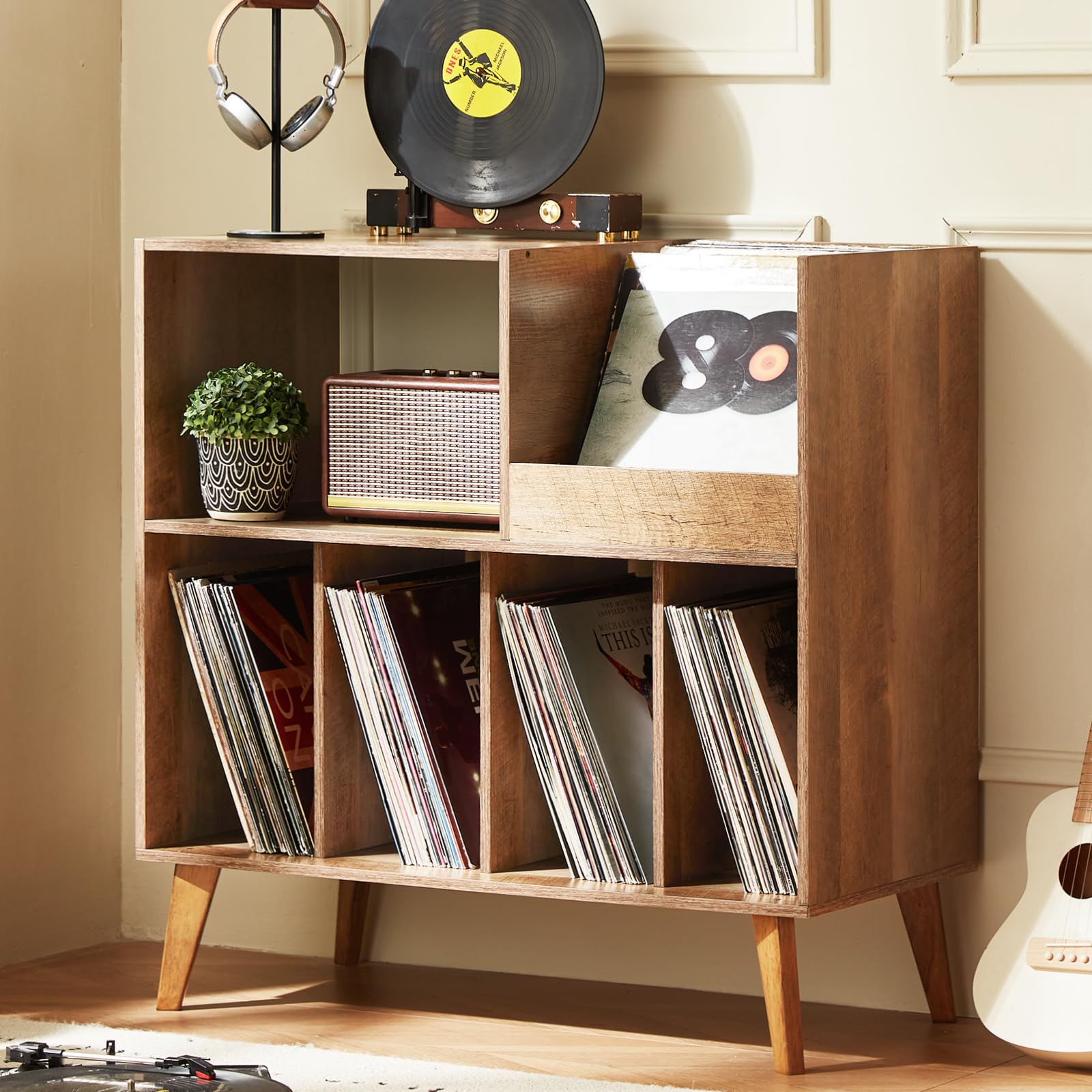 Large record stand with storage, record player stand with shelf, vinyl record holder with presentation surface, record stand for up to 300 albums, record shelf for music room and living room