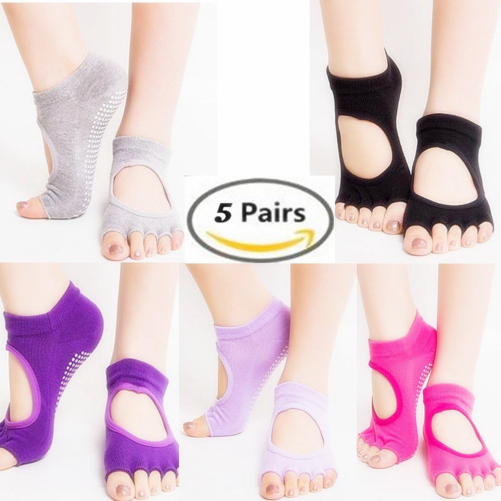 Yoga socks,Rosermall 5 Pairs Non Slip Skid Yoga Pilates Toeless Socks with Gym Grips Cotton for Women(5 Pack),Random colors,free size