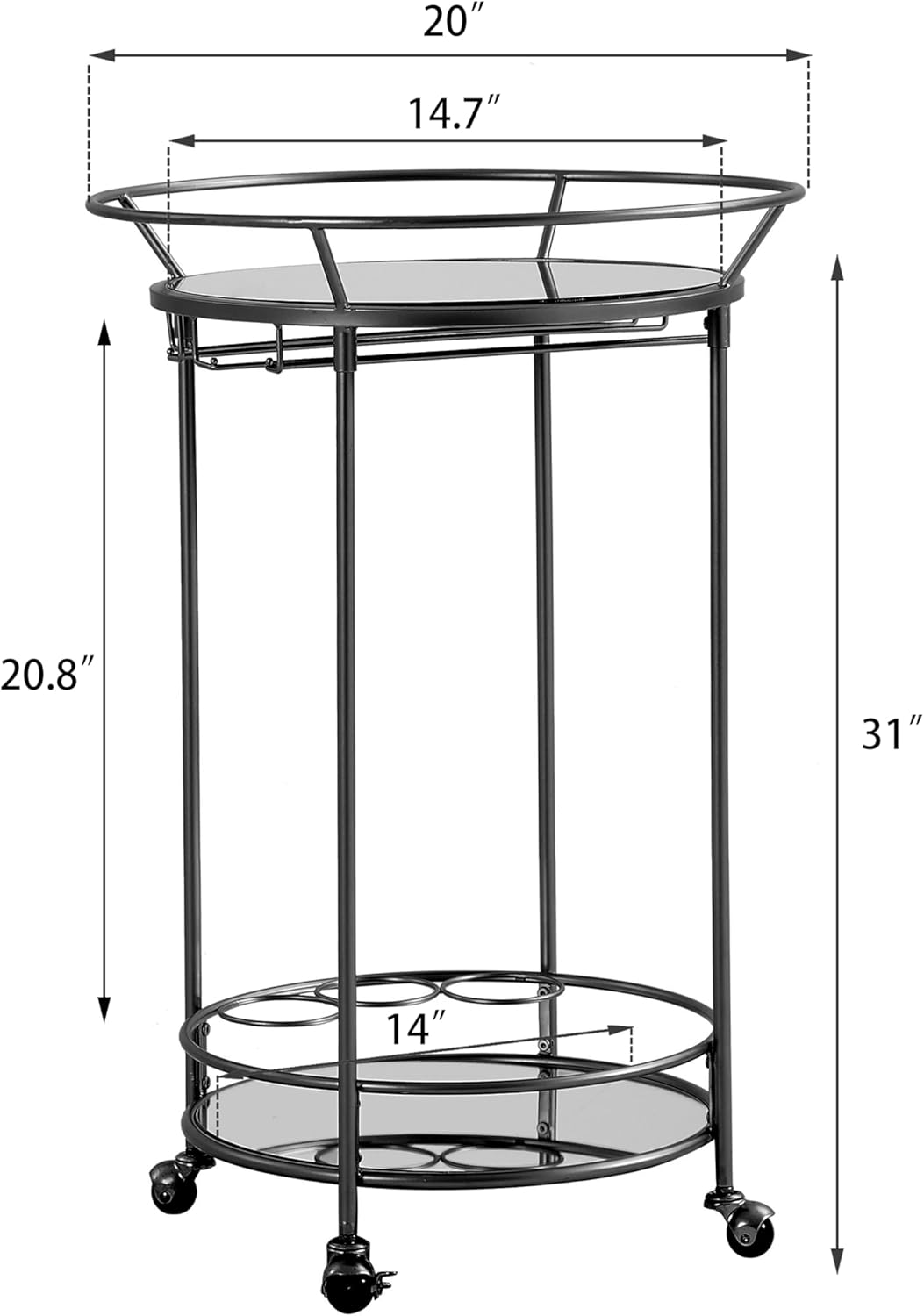 FLORA Round Black Rolling Bar Cart Wine Rack and Lockable Casters,2 Mirrored Shelves Serving Cart for Kitchen, Club, Living Room