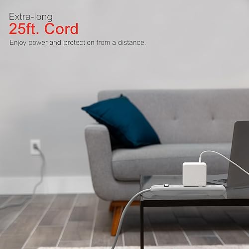 Miniatura 5 de GE - Protector de sobretensión de 6tomas, extensión de 25pies, regleta multicontactos, 800julios, enchufe plano, tapas de seguridad de cierre por