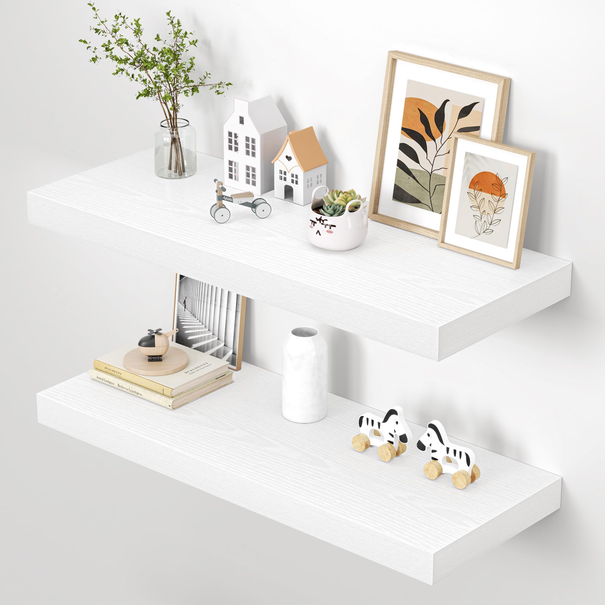 Dreamland 36" Floating Shelves for Wall, 12" Deep Thicker White Floating Shelves, Wall-Mounted Shelves for Bedroom, Living Room, Kitchen, Bathroom - Set of 2