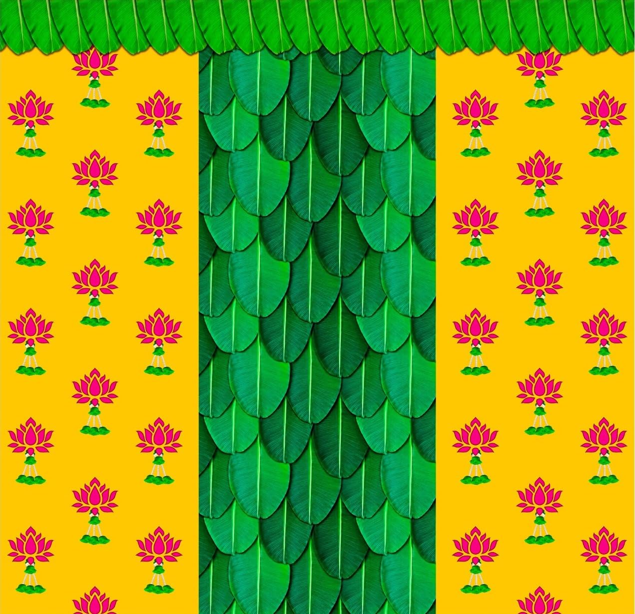 Banana Leaf Backdrop | Traditional Pooja Cloth Featuring Yellow Side Borders, Pink Lotuses, and Green Leaves Design Decoration Backdrop | varalakshmi puja Decoration Cloths 5x5 Feet-image-10
