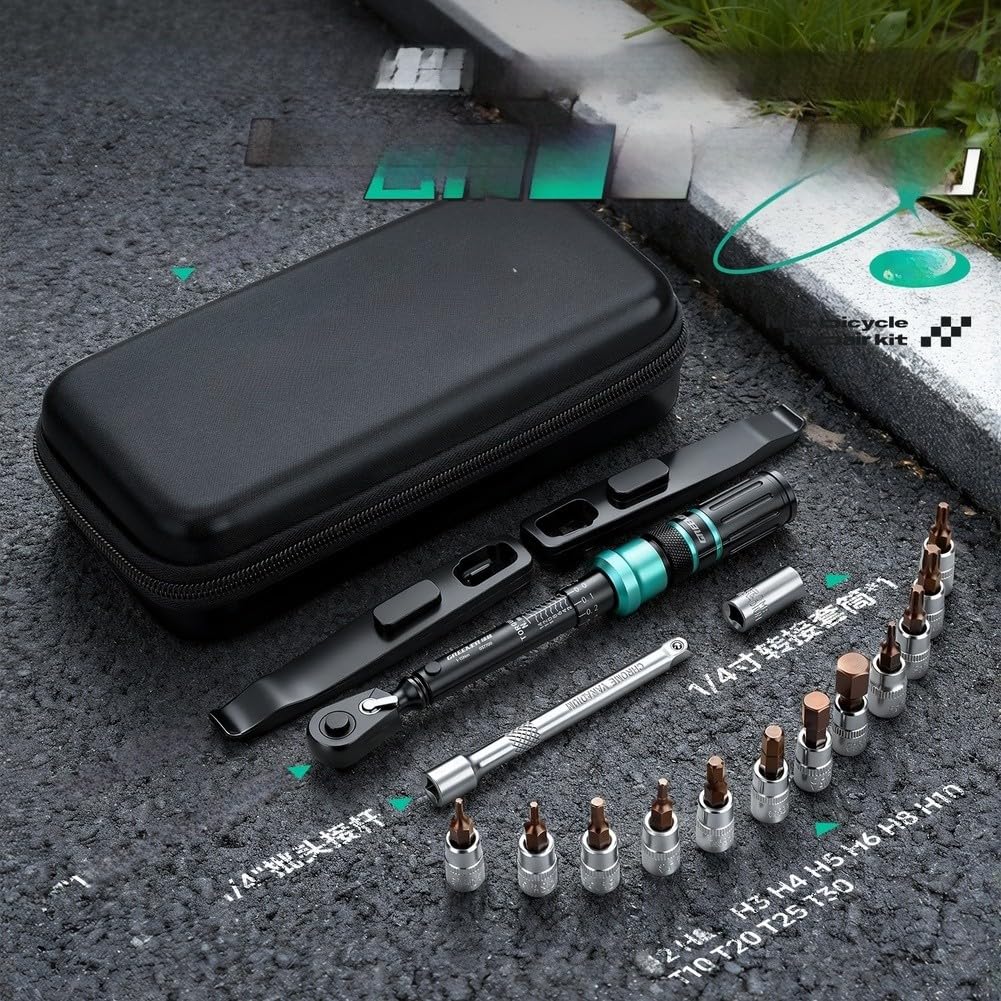 Set di chiavi dinamometriche regolabili per la manutenzione della bicicletta, kit di 17 punte esagonali e Torx, struttura in acciaio al cromo vanadio in custodia (17 pezzi)