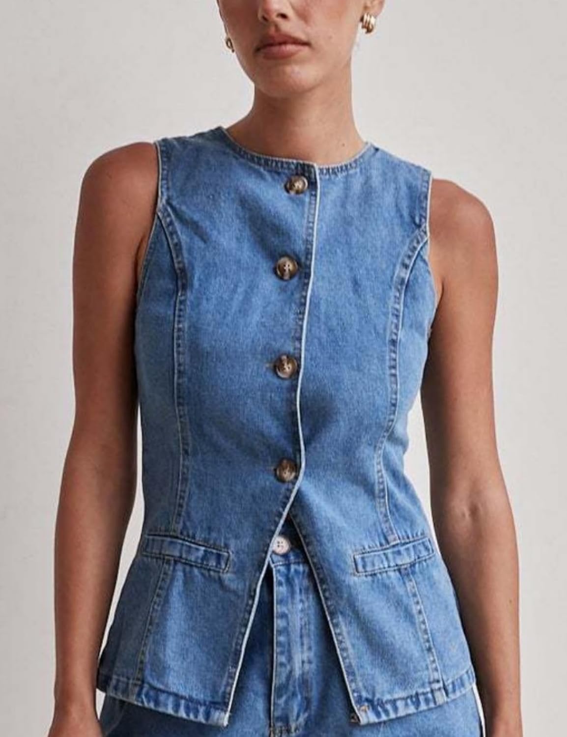 Perbai Women's Crewneck Button Down Denim Vest Tank Top Slim Jean Waistcoat Jacket with Pockets - Image 5