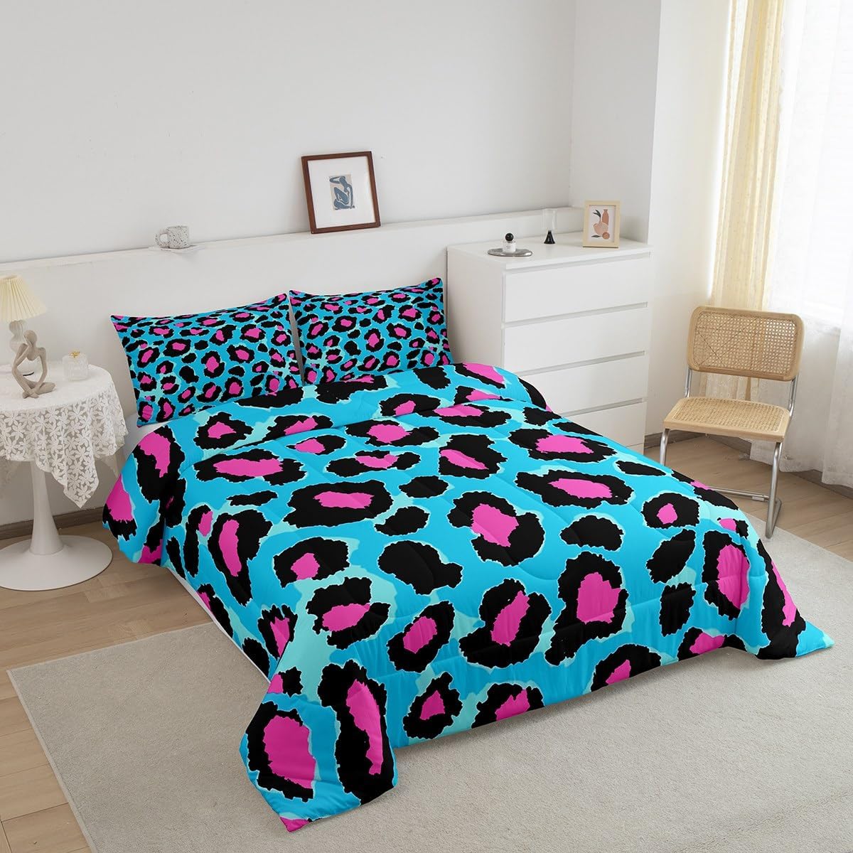 Feelyou Blue Pink Leopard Bedding Set Boys Girls Full Size Cheetah Comforter Set for Kids Women Men Ultra Soft Animal Print Comforter Safari Duvet Set Room Decor Zebra Quilt Set
