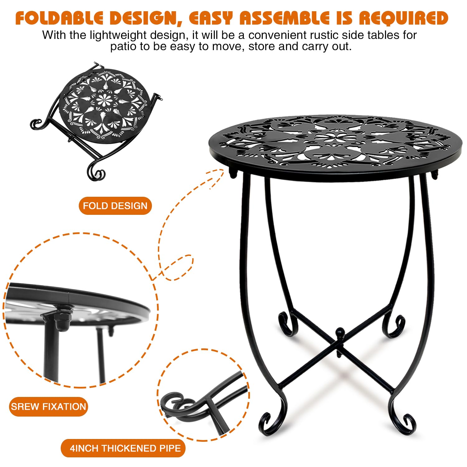Mesas auxiliares de patio, mesa auxiliar redonda de metal resistente a la intemperie de 14 pulgadas para patio, porche, balcón, jardín, mesita de noche, soporte para plantas, paquete de 1 2