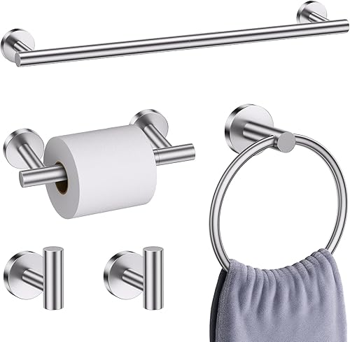 Miniatura 15 de Juego de 5 accesorios de baño negro mate, juego de toallero de 23.6 pulgadas, soporte de papel higiénico de acero inoxidable, toalleros redondos
