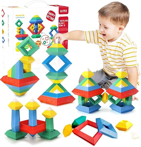 Juguetes Montessori para niños de 2, 3, 4, 5 años, bloques de construcción para niños pequeños de 1 a 3 años, 32 piezas de bloques apilables
