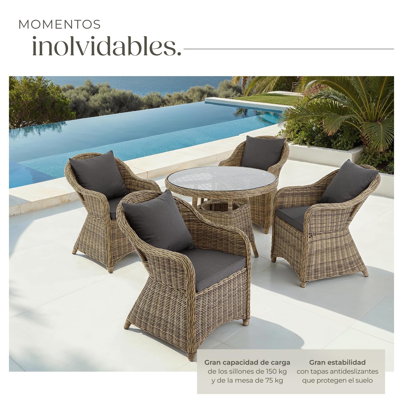 tectake® Conjunto Jardín Exterior de Ratán y Aluminio, 4 Sillones con Cojines y 1 Mesa Cristal, Muebles Jardín Exterior Impermebales y Resistentes a Intemperie, Topes en Patas, Sin Montaje - Natural