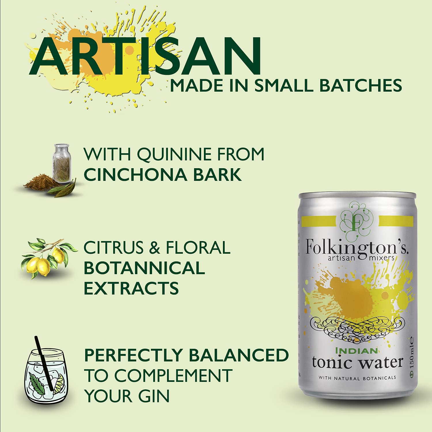 Acqua Tonica Indian Tonic Water Folkington's 10 x150 ml Lattine (FOTO SOLO SCOPO ILLUSTRATIVO)