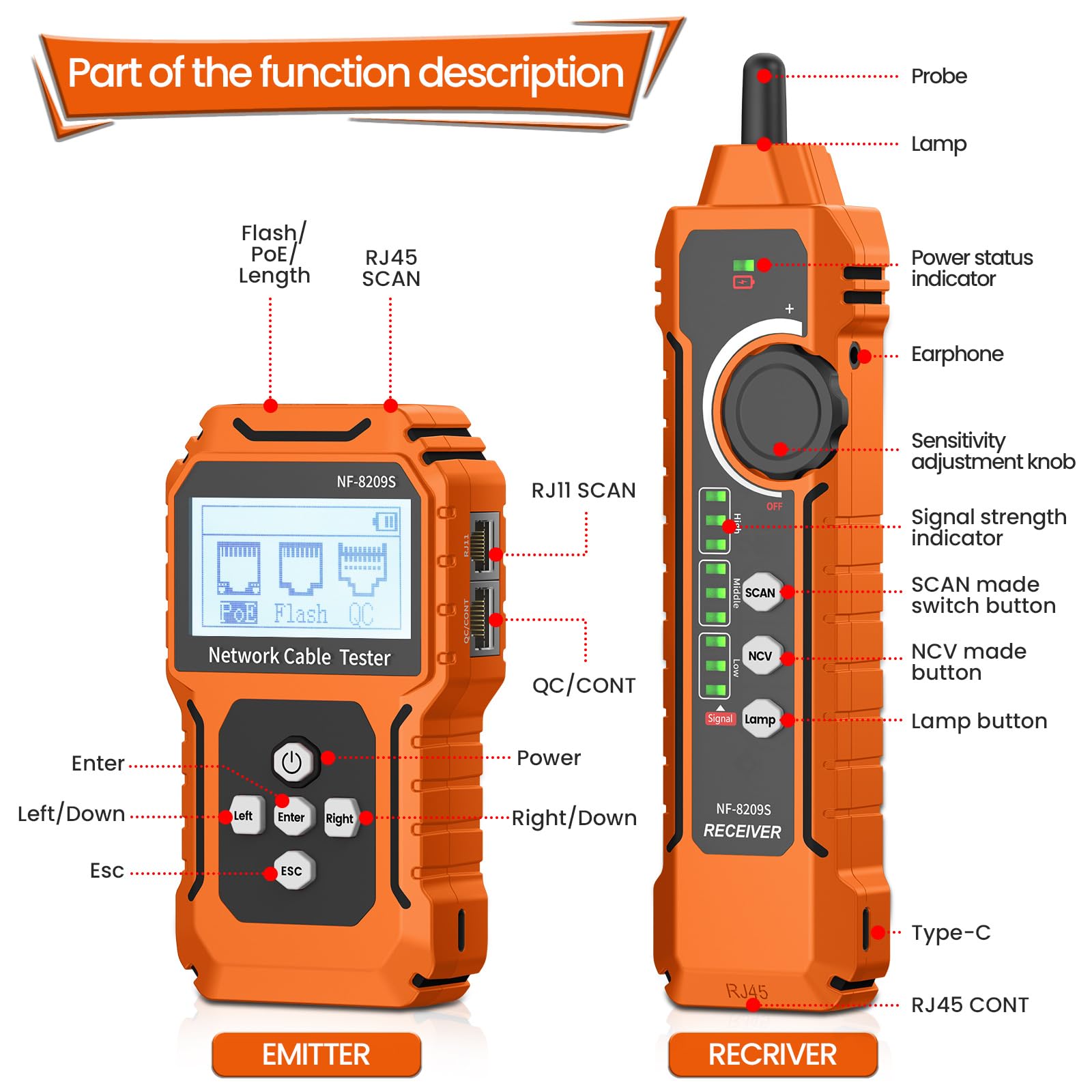 NF-8209S Netzwerkkabeltester mit PoE, Kabellängenmessung, Port-Blinkfunktion, RJ11/RJ45-Kabeltester, CAT5/CAT6-LAN-Netzwerktester, multifunktionale Anti-Interferenz-Scanmodi, Kabelverfolgung