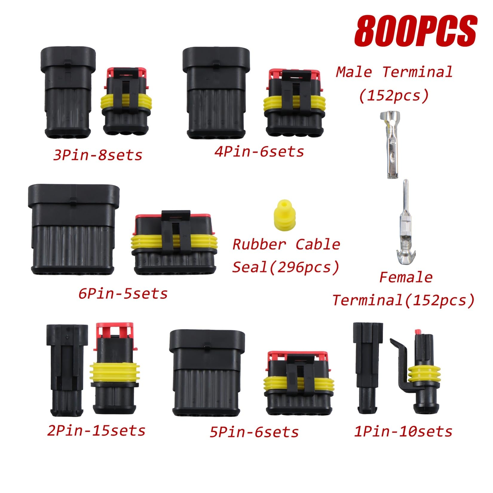 findmall Kit di 800 connettori elettrici da 1 a 6 pin, per cavi da 16 a 22 AWG | con spina, terminale e guarnizione, per cablaggio auto, camion, marina, moto