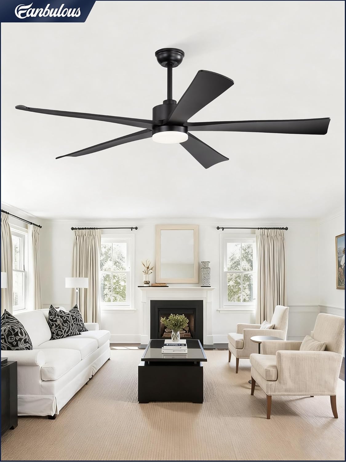 Fanbulous 60 Inch Ceiling Fans with Lights and Remote, Black Modern Plug in Ceiling Fan with 6 Speeds,Bright LED Light,Reversible Quiet DC Motor for Bedroom,Living Room