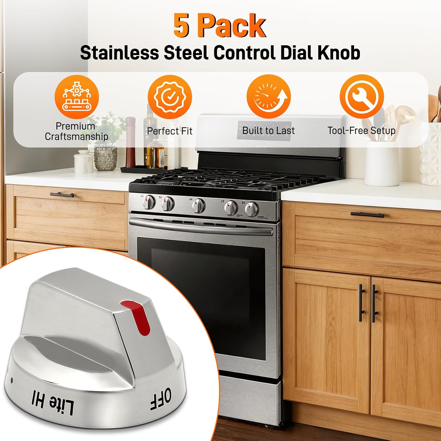 DG64-00473A Gas Stove Knobs Replacement for Samsung Range Oven, 5 Pack Burner Control Dial Knob, Compatible with NX58H5600SS, NX58H5650WS, NX58J7750SS, NX58M6850SS, NX58K7850SS