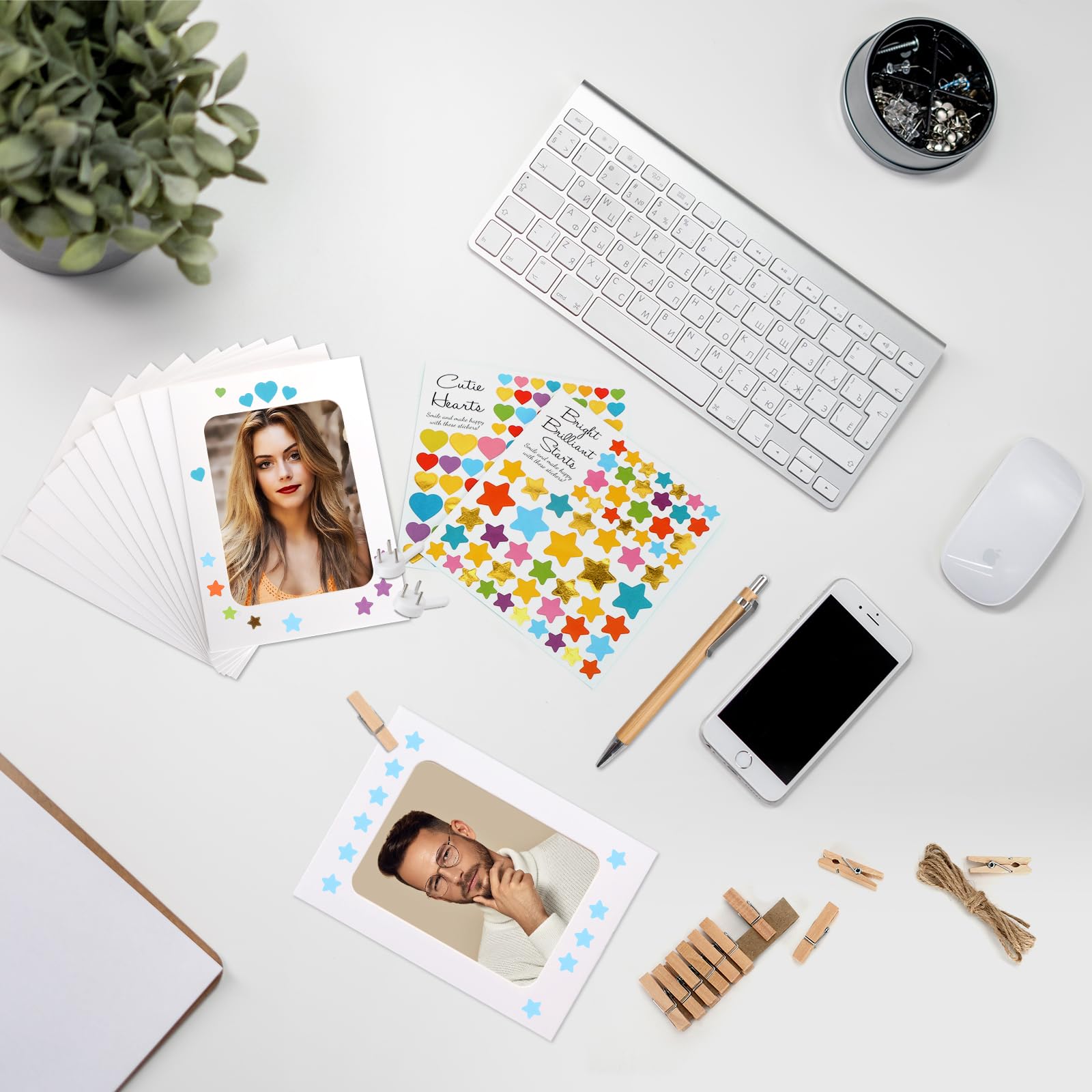 20 sztuk ramka na zdjęcia wisząca dekoracja ścienna, 6 cali DIY papierowa ramka z naklejkami i piórem, papier pakowy do domu szkoły biura