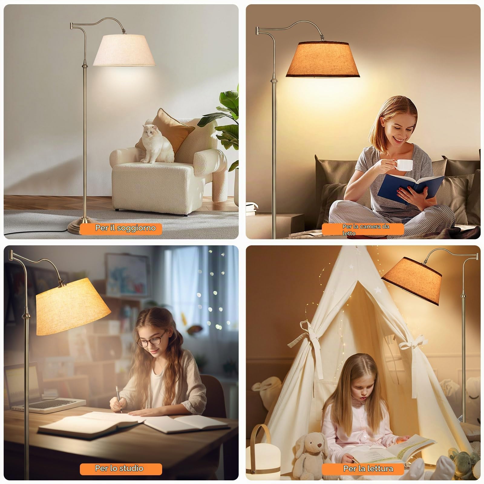 Lampada da terra con braccio oscillante, lampade da terra ad arco con braccio regolabile a 180° per soggiorno, lampada da terra Mid Century con paralume in lino, lampade alte per camera da letto