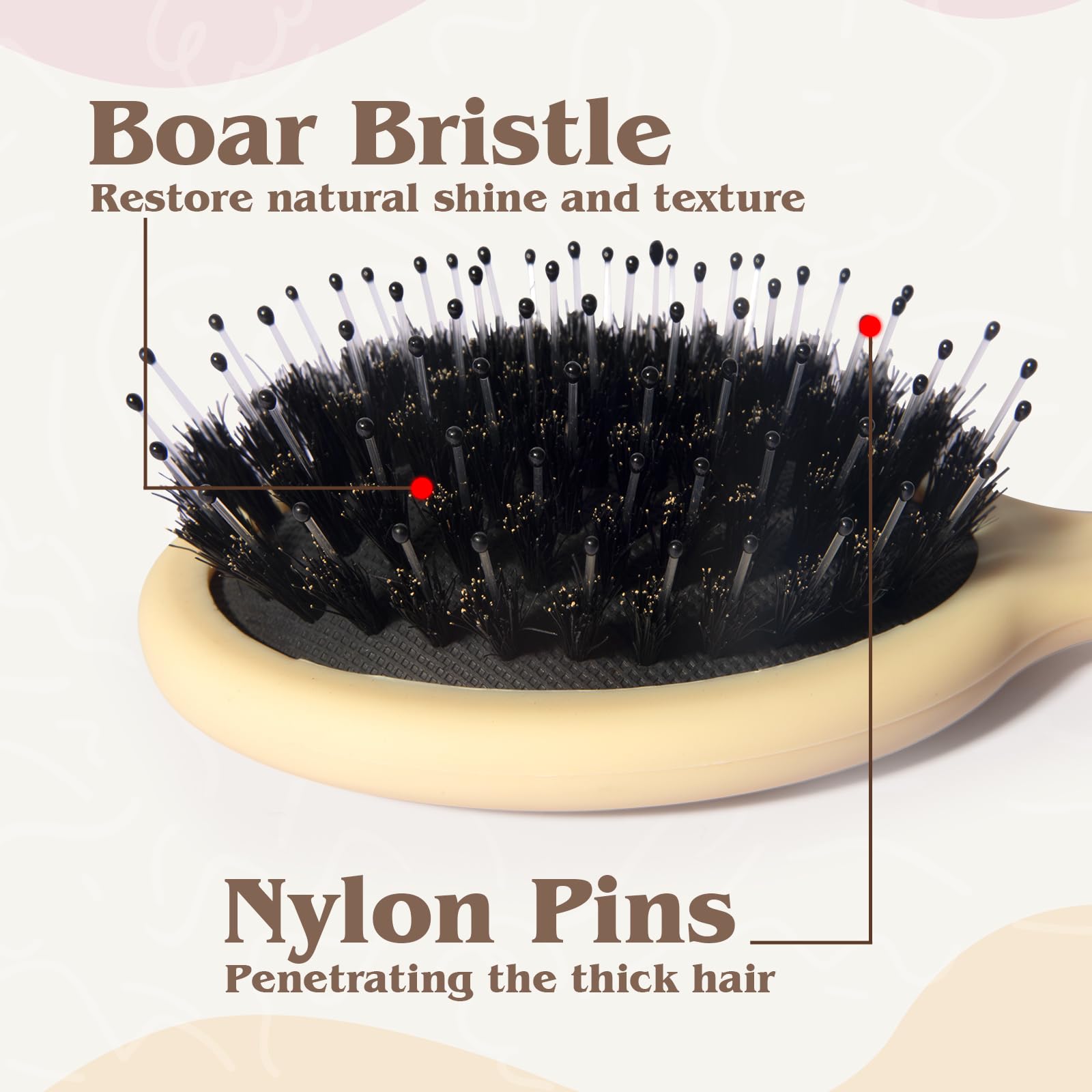 Mini cepillo de pelo de cerdas de jabalí, cepillo pequeño de cerdas de jabalí y nailon para mujeres y niños, pelo largo y corto para suavizar añadir brillo, cepillo de pelo de tamaño viaje para bolso,