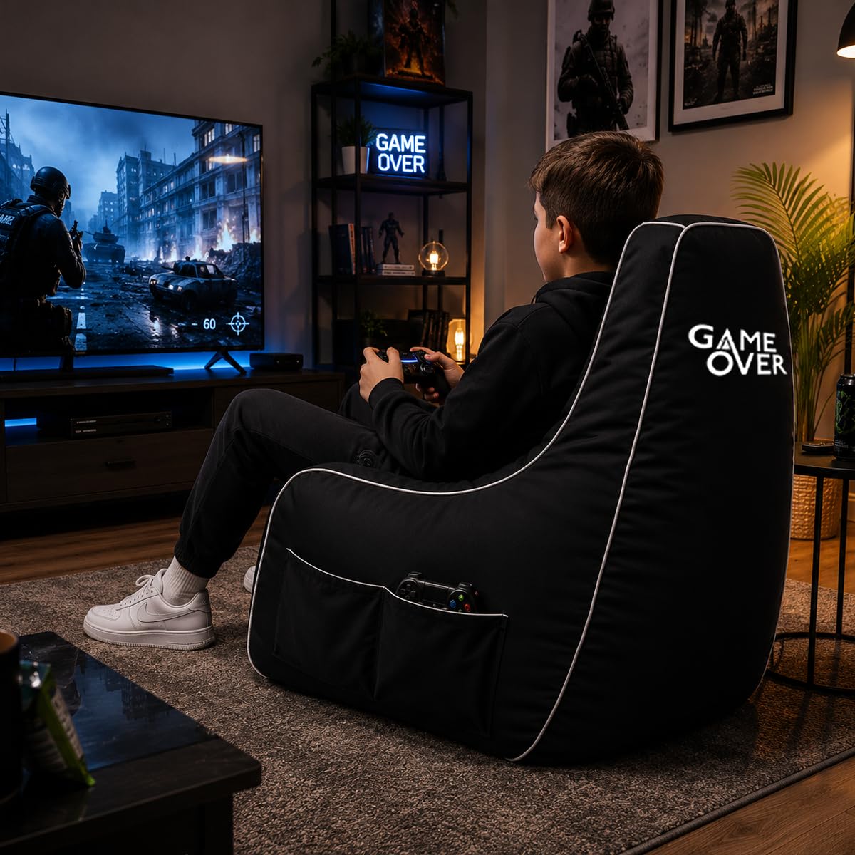 Game Over Mini Fauteuil Pouf de Jeu pour Enfants 8-Bit | Salle de Jeux Intérieure Fauteuil Gamer | Poches Latérales pour Manettes | Support de Casque | Conception Ergonomique (Fumée Cosmique)
